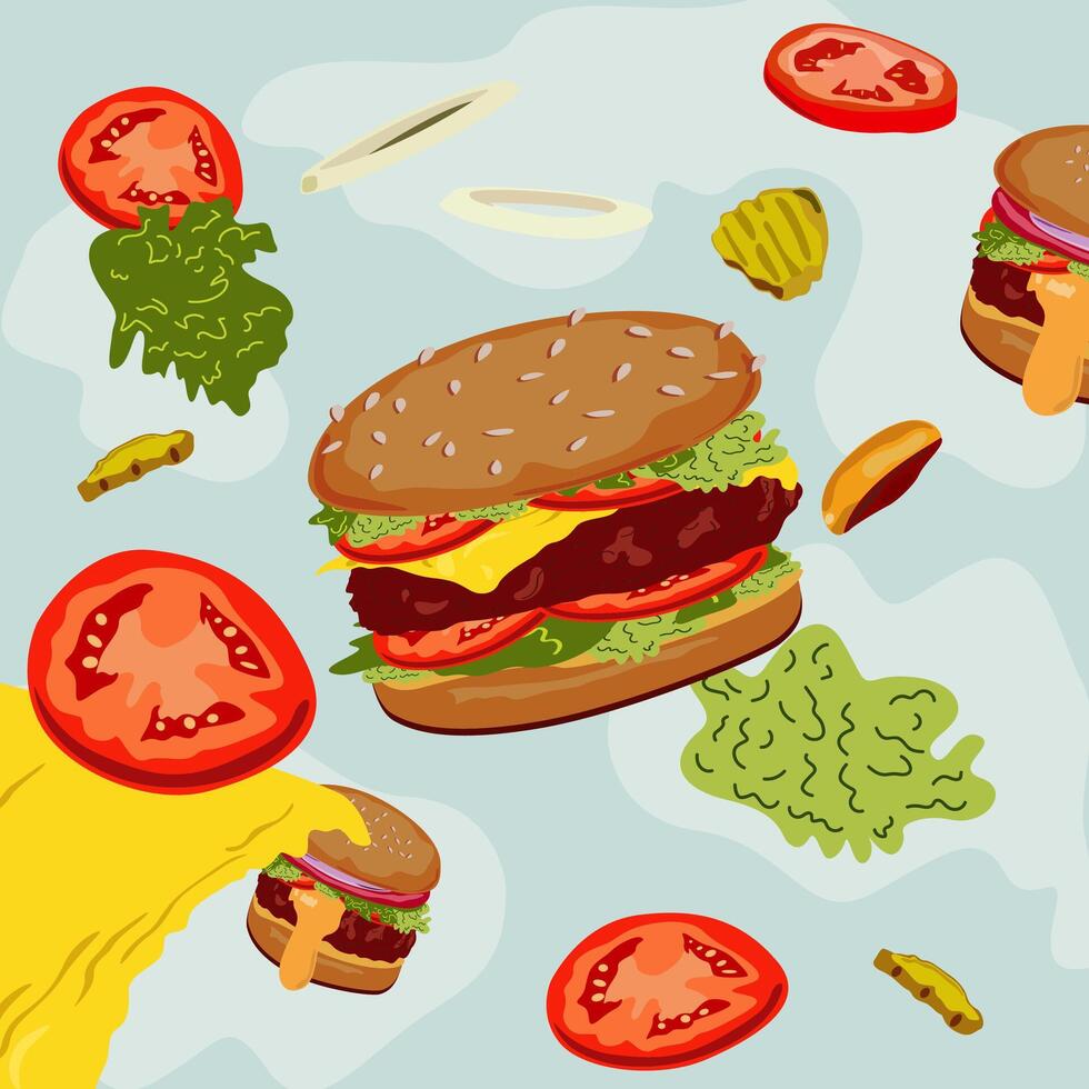 Fast food illustration. burgers in flat style. National burger day. Cheeseburger modern poster. Burger Banner. Set of ingredients for a Burger. Burger design for motion graphics vector