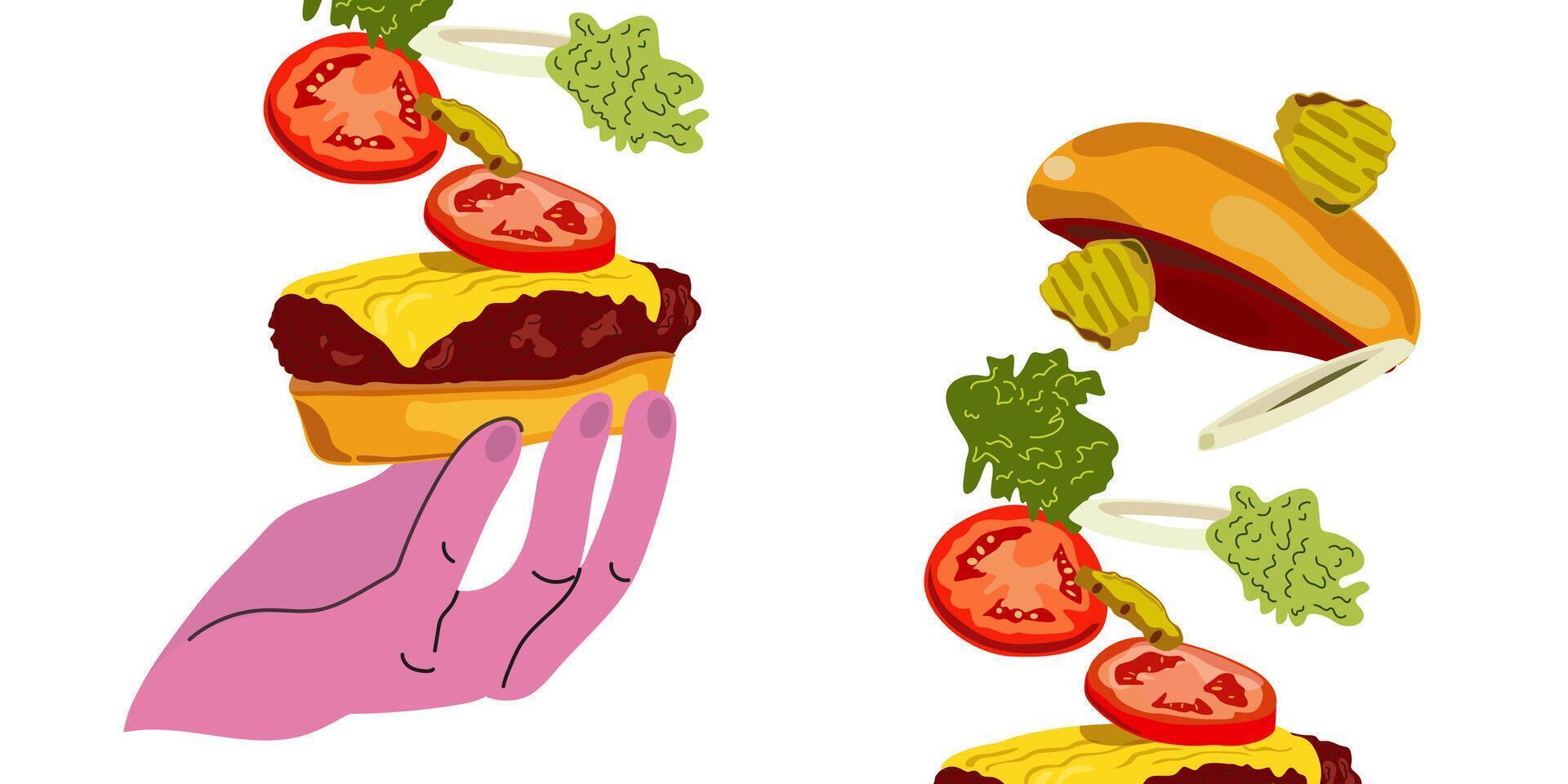 Fast food illustration. burgers in flat style. National burger day. Cheeseburger modern poster. Burger Banner. Set of ingredients for a Burger. Burger design for motion graphics vector