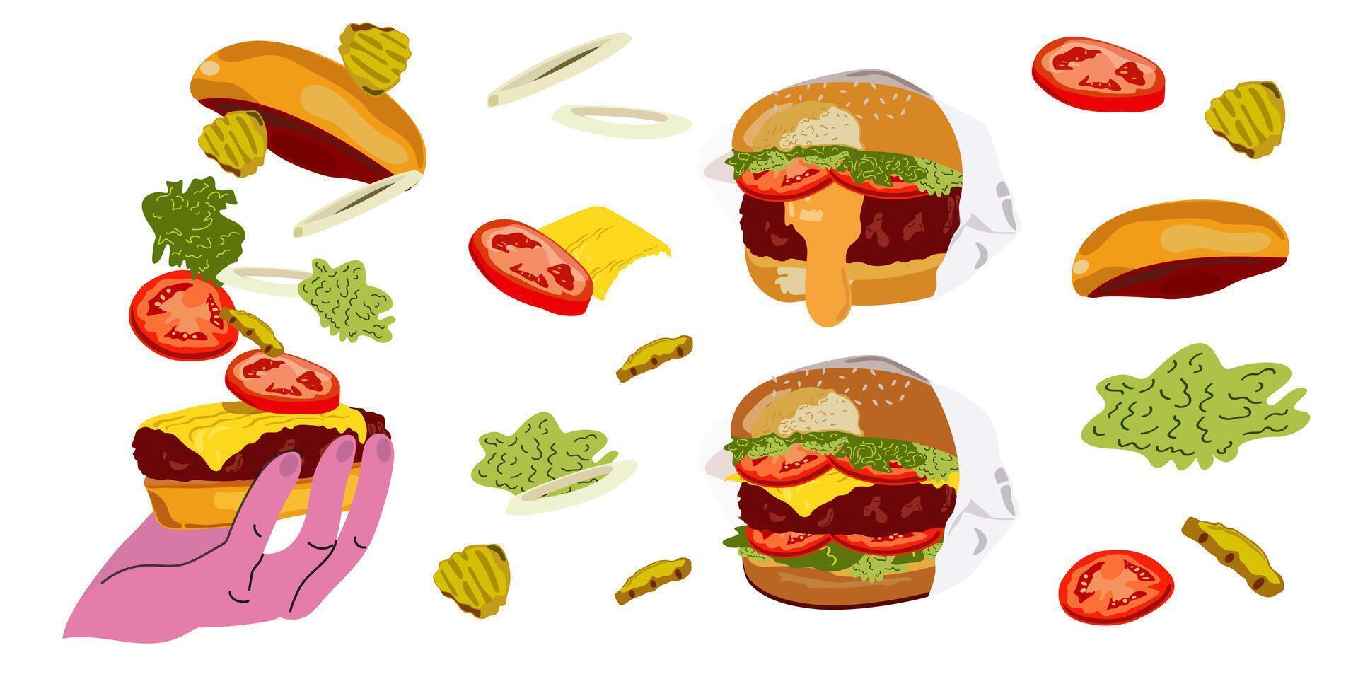 Fast food illustration. burgers in flat style. National burger day. Cheeseburger modern poster. Burger Banner. Set of ingredients for a Burger. Burger design for motion graphics vector