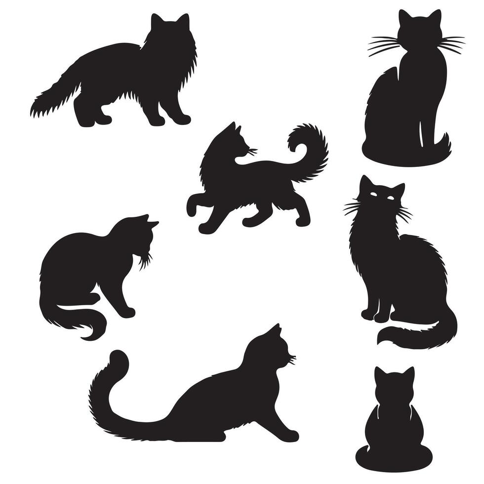 Black oriental cat set collection with long black tail lying isolated on white background vector