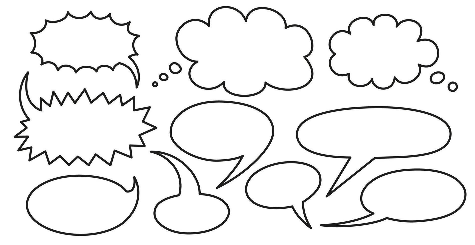 Black line speech and thought bubbles set. Hand drawn outline illustration. vector
