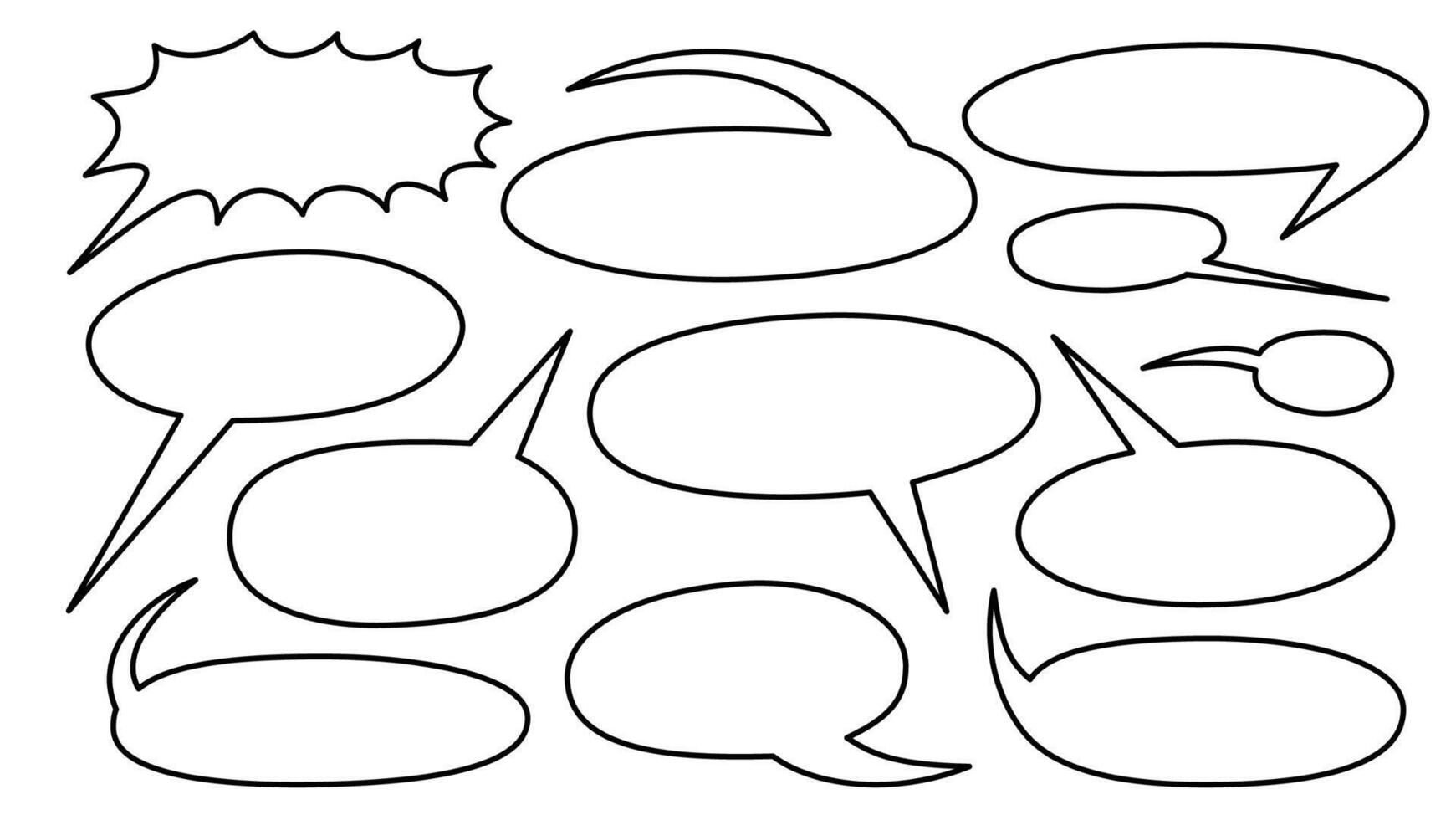Editable outline speech bubbles set. Hand drawn black line illustration isolated on white background. vector