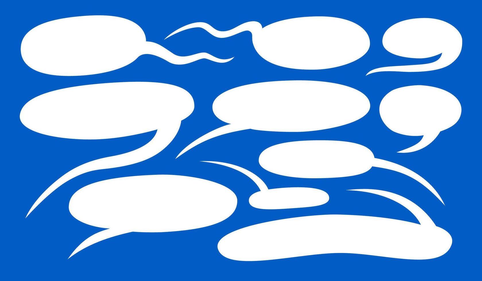 Elongated bizarre shapes speech bubbles set. White speech bubbles on blue background hand drawn flat illustration. vector