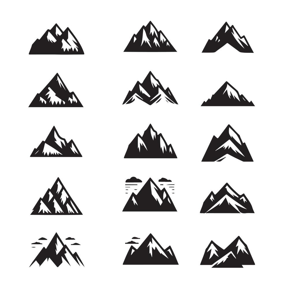 Set Mountain icons, Collection different types of Mountains Black with white background vector