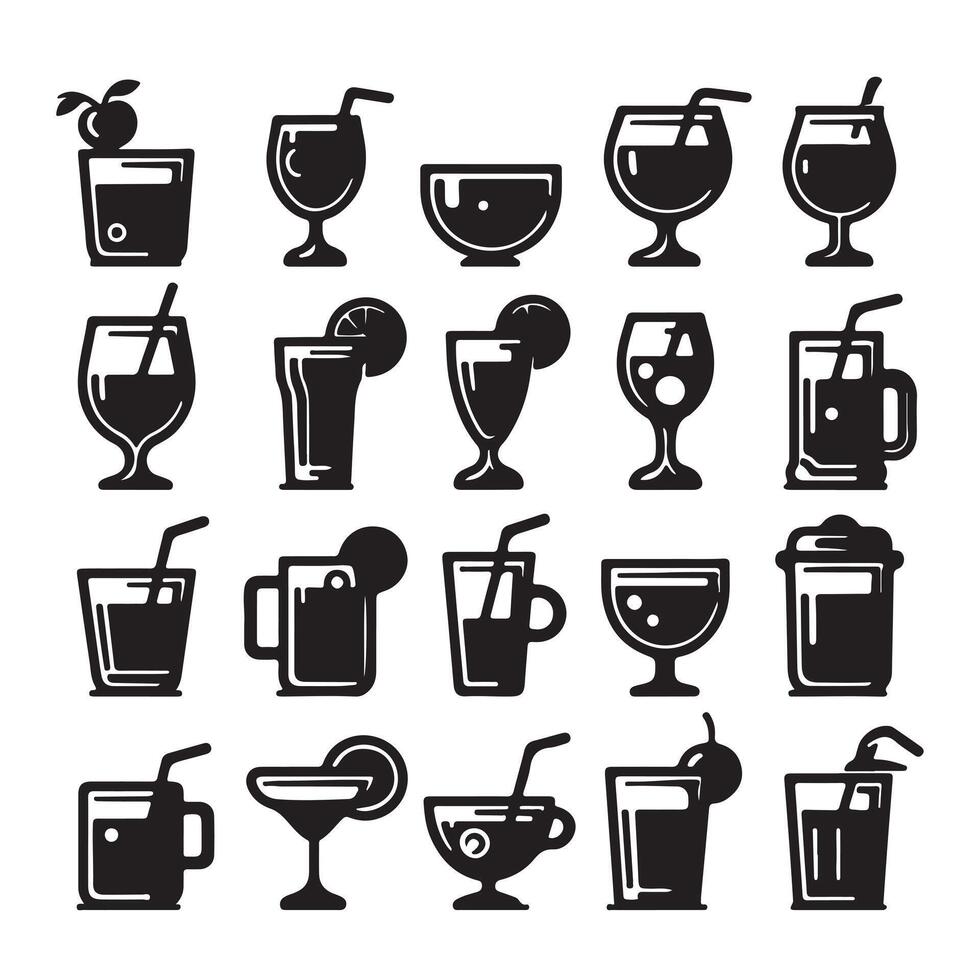 Set of icons of various black drink glasses image with white background vector