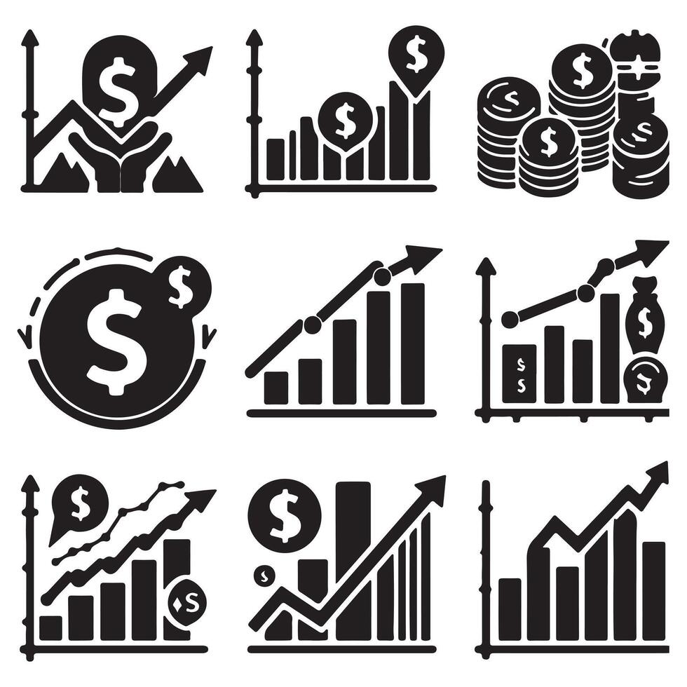 Set of chart icons with dollar sign in even silhouette on a white background. The graph shows downward and upward trends. vector
