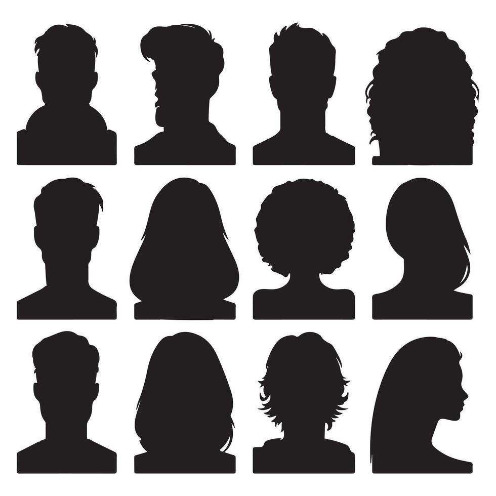 black Avatar portrait silhouettes. Woman and man faces portraits, anonymous characters avatars image with white background vector