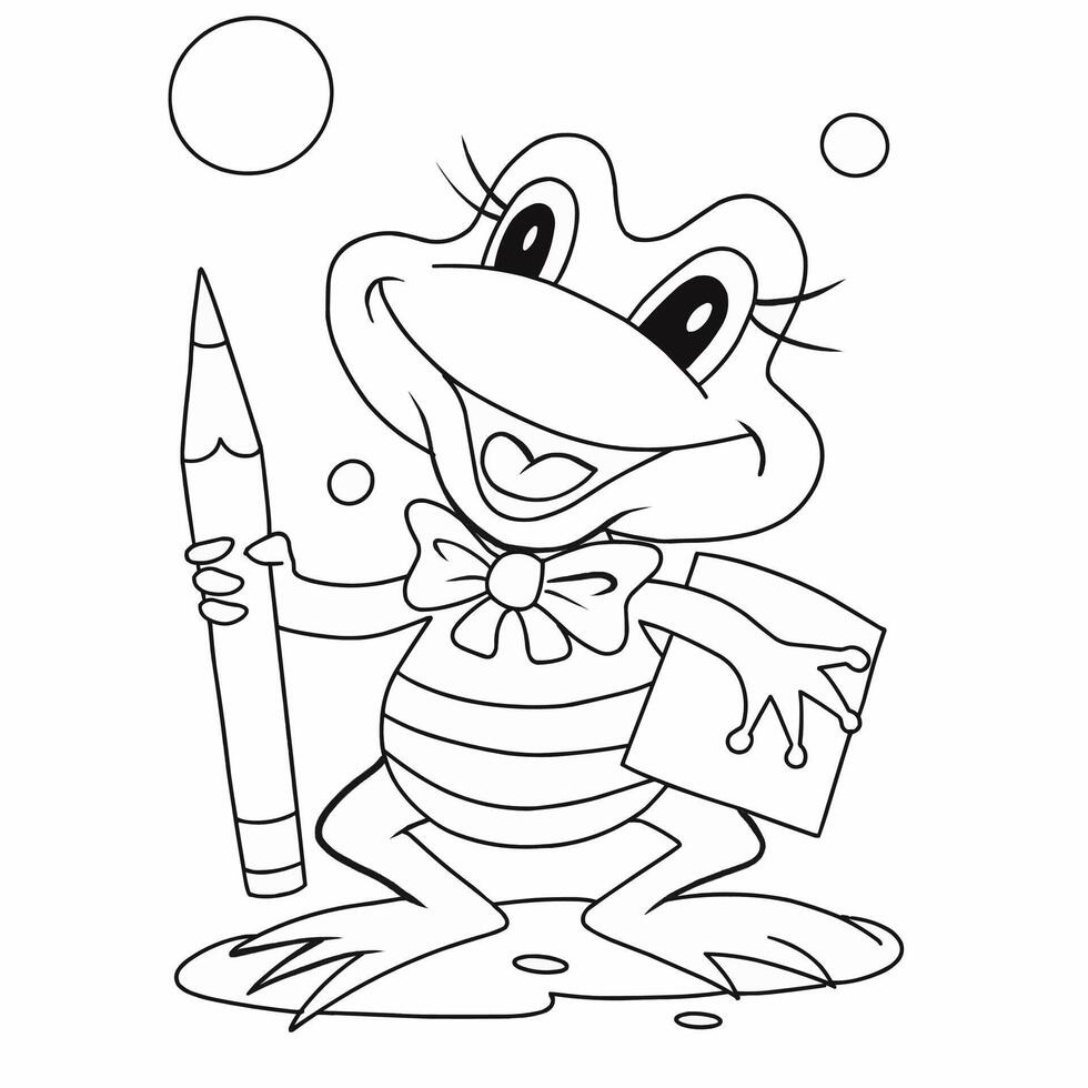 A frog with a pencil. Line art design for kids coloring page. Preview of Cartoon Frog Coloring Page. vector