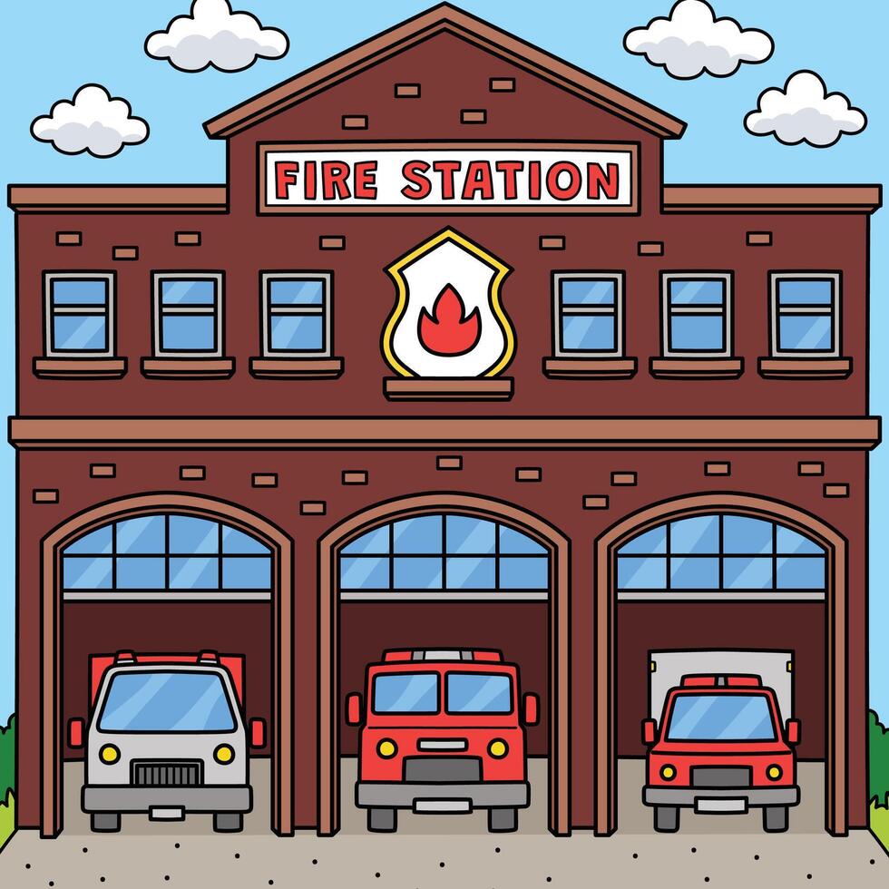 Fire Station Colored Cartoon Illustration vector