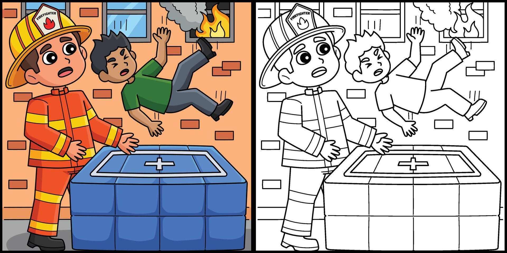 Firefighter Saving the Kid Coloring Illustration vector