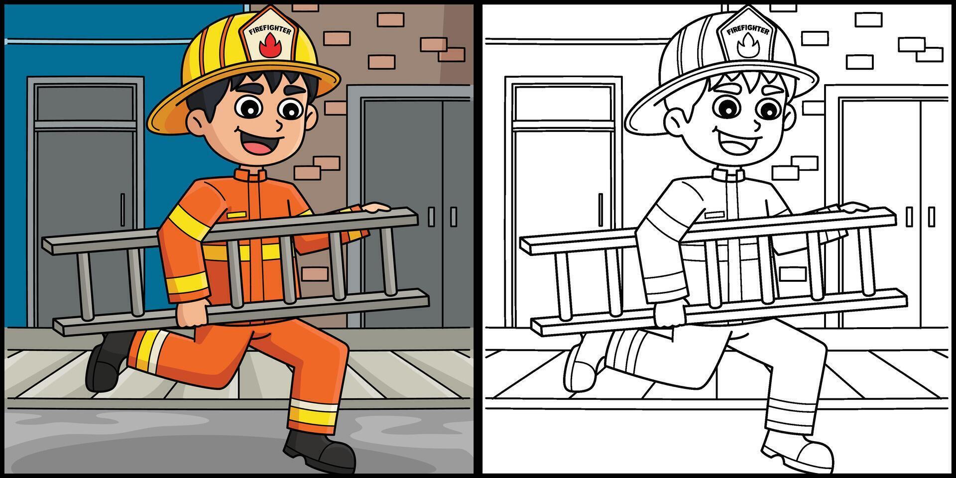 Firefighter Holding Ladder Coloring Illustration vector