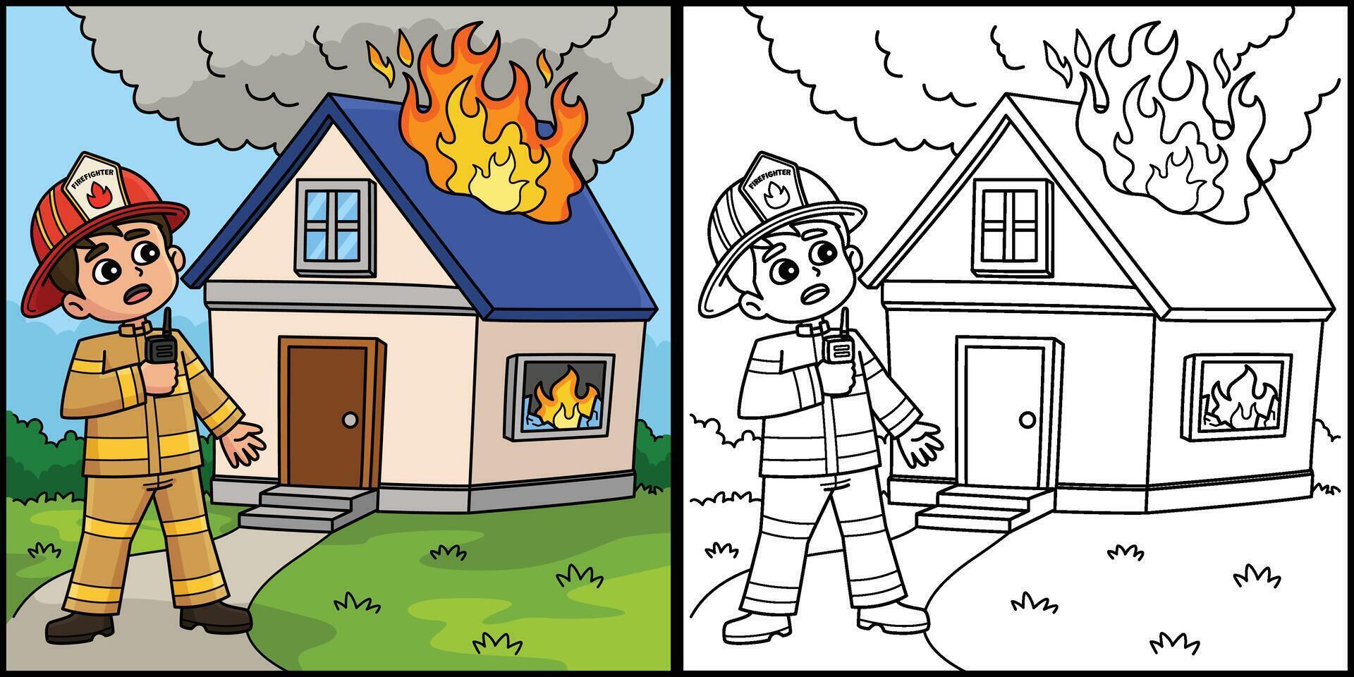 Firefighter with a Burning House Illustration vector