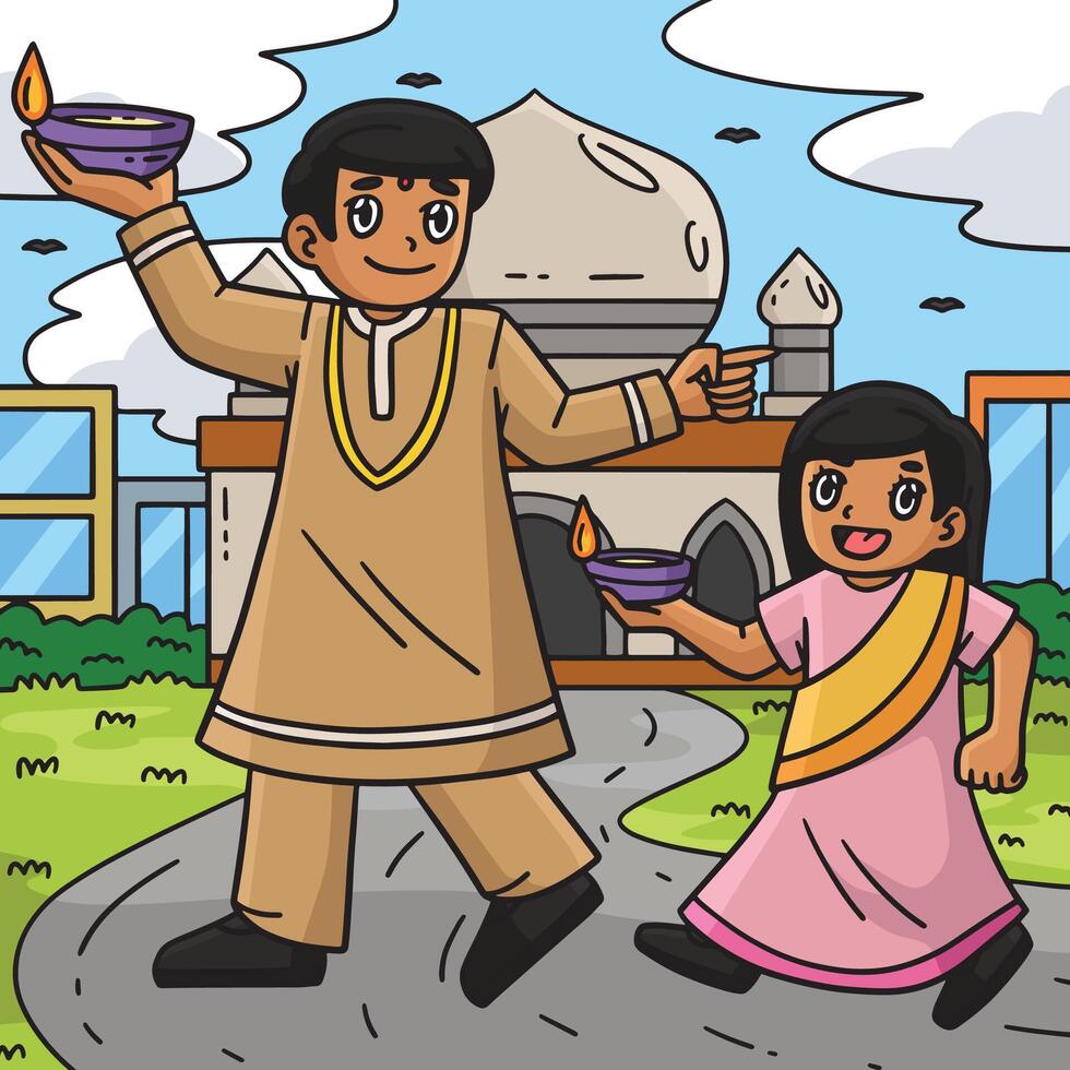 Diwali Parent and Child with Candles Colored vector
