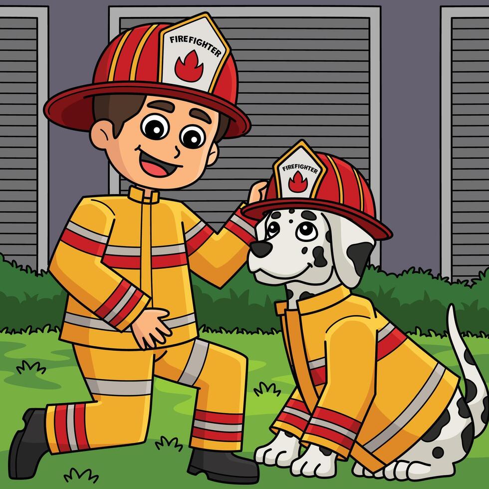 Firefighter Boy and Firefighter Dog Colored vector
