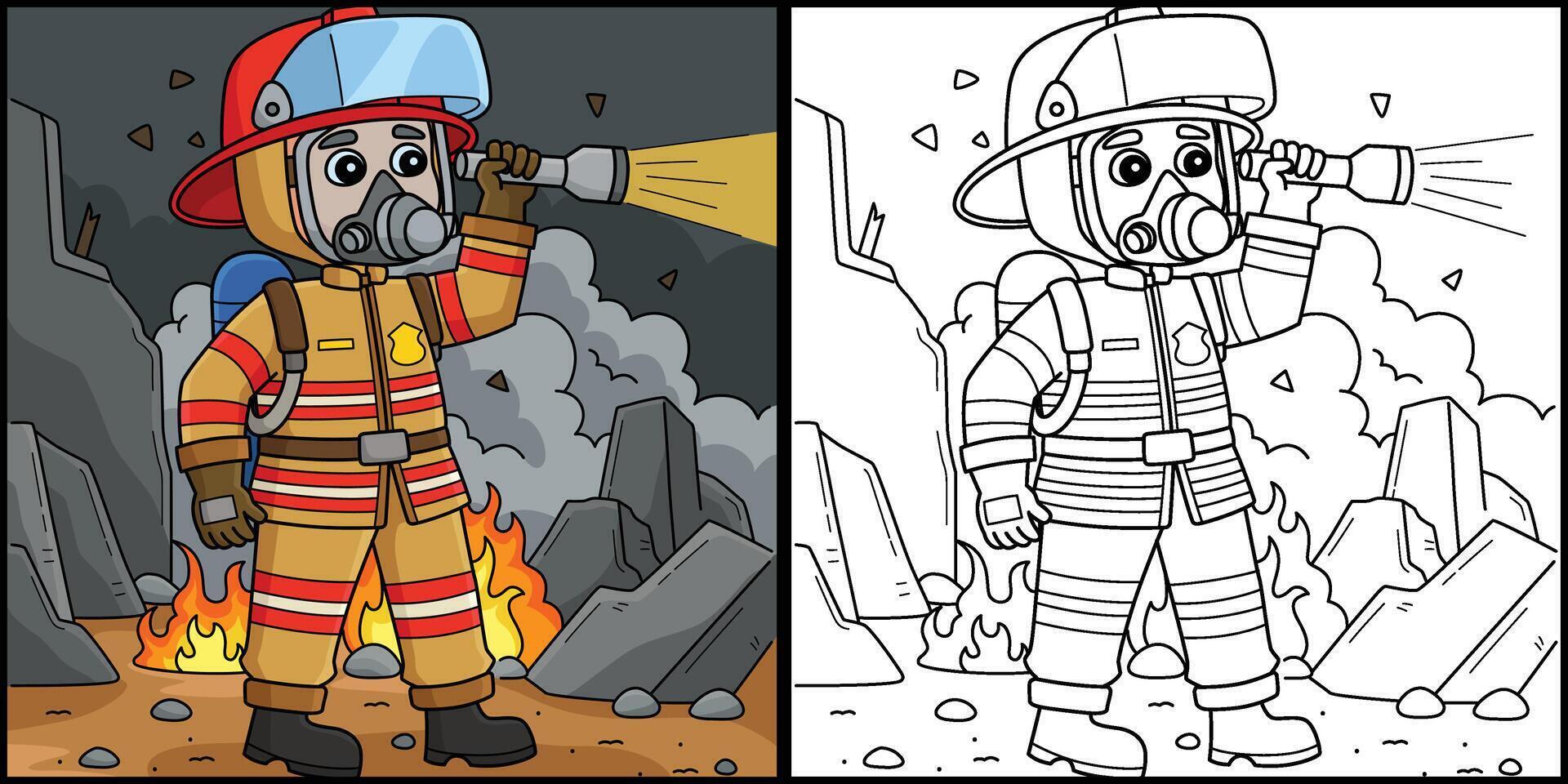 Firefighter Full Gear Coloring Page Illustration vector