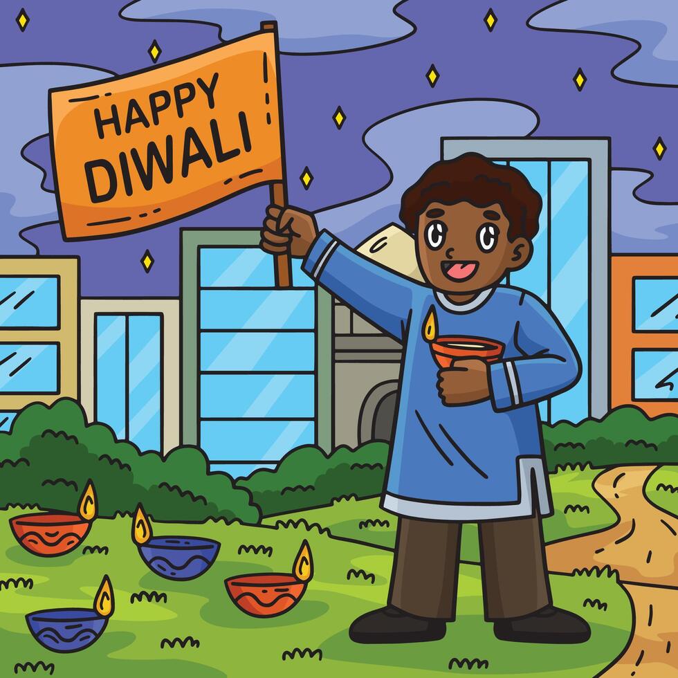 Diwali Child with a Happy Banner Colored Cartoon vector
