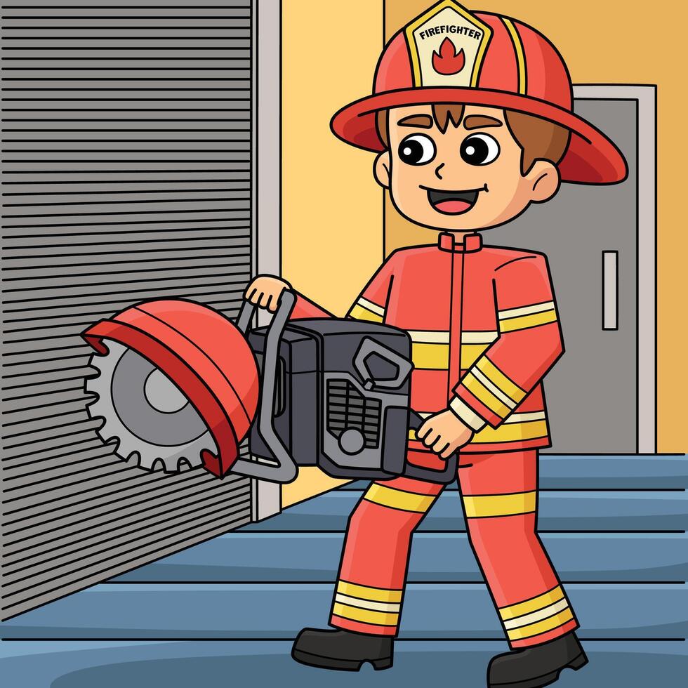 Firefighter Holding a Rescue Saw Colored Cartoon vector