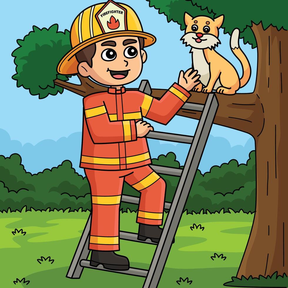 Firefighter Saving a Cat Colored Cartoon vector