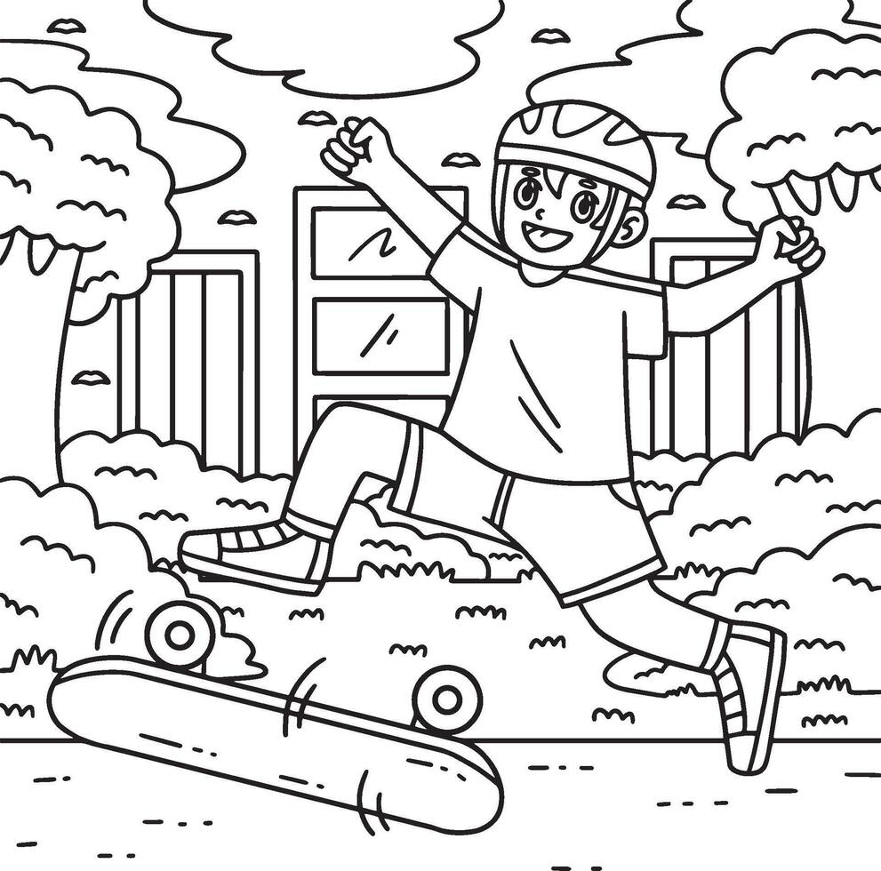 Skateboard Boy Flipping in the Air Coloring Page vector
