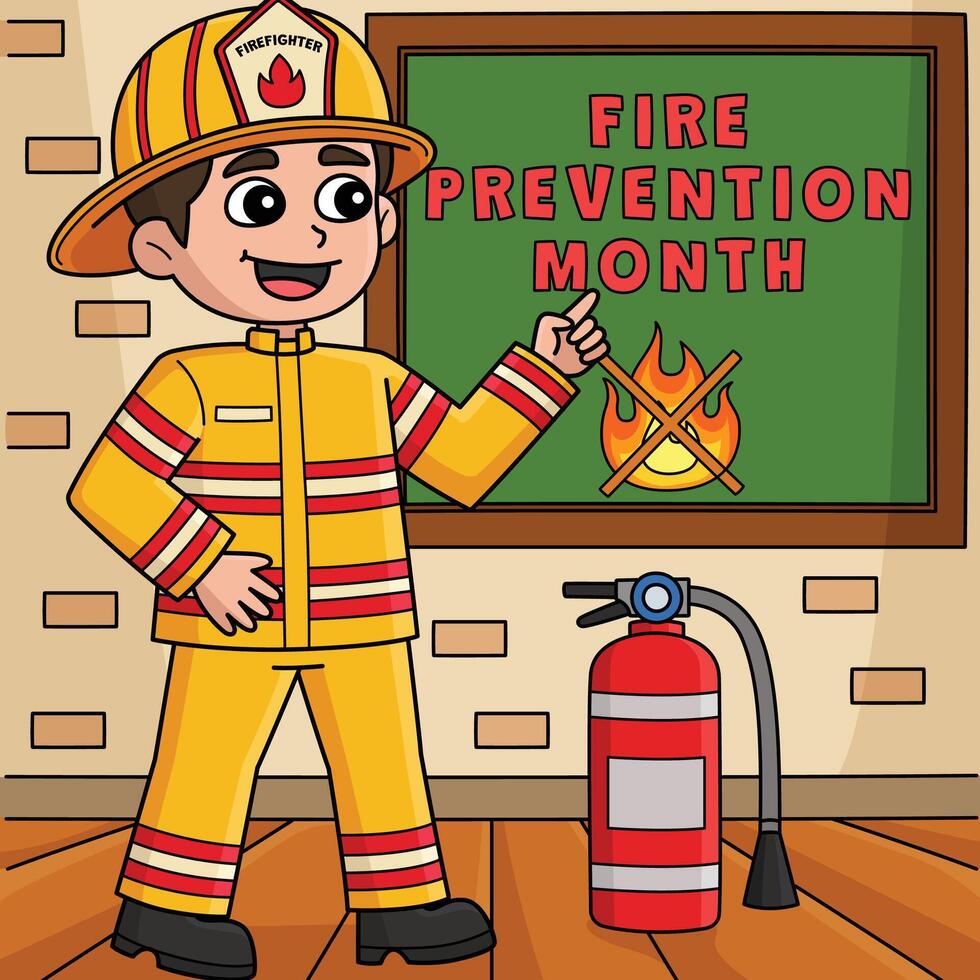 Firefighter Teaching Fire Prevention Month Colored vector