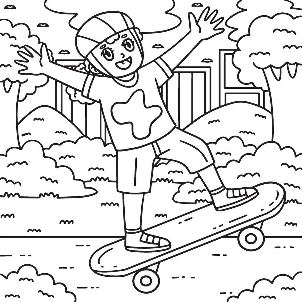 Skateboard Girl Performing an Ollie Coloring Page vector