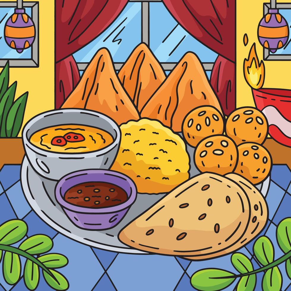 Diwali Food on Thali Plate Colored Cartoon vector