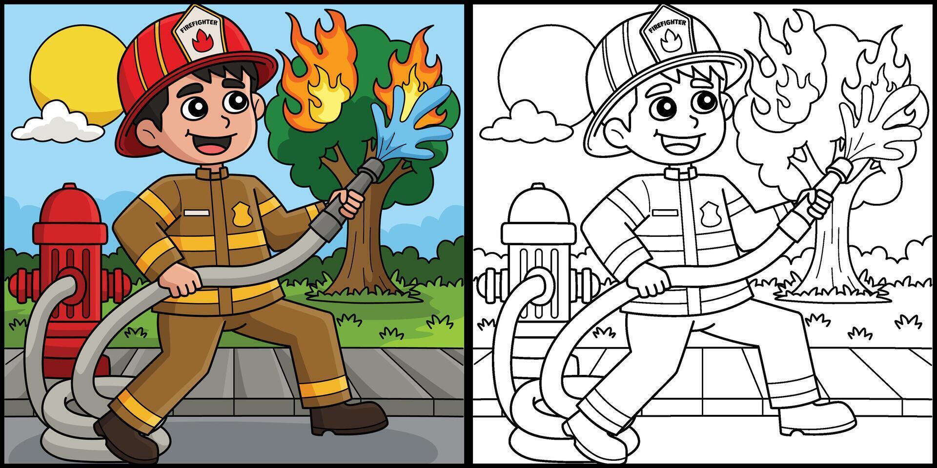 Firefighter Putting Out Fire Coloring Illustration vector