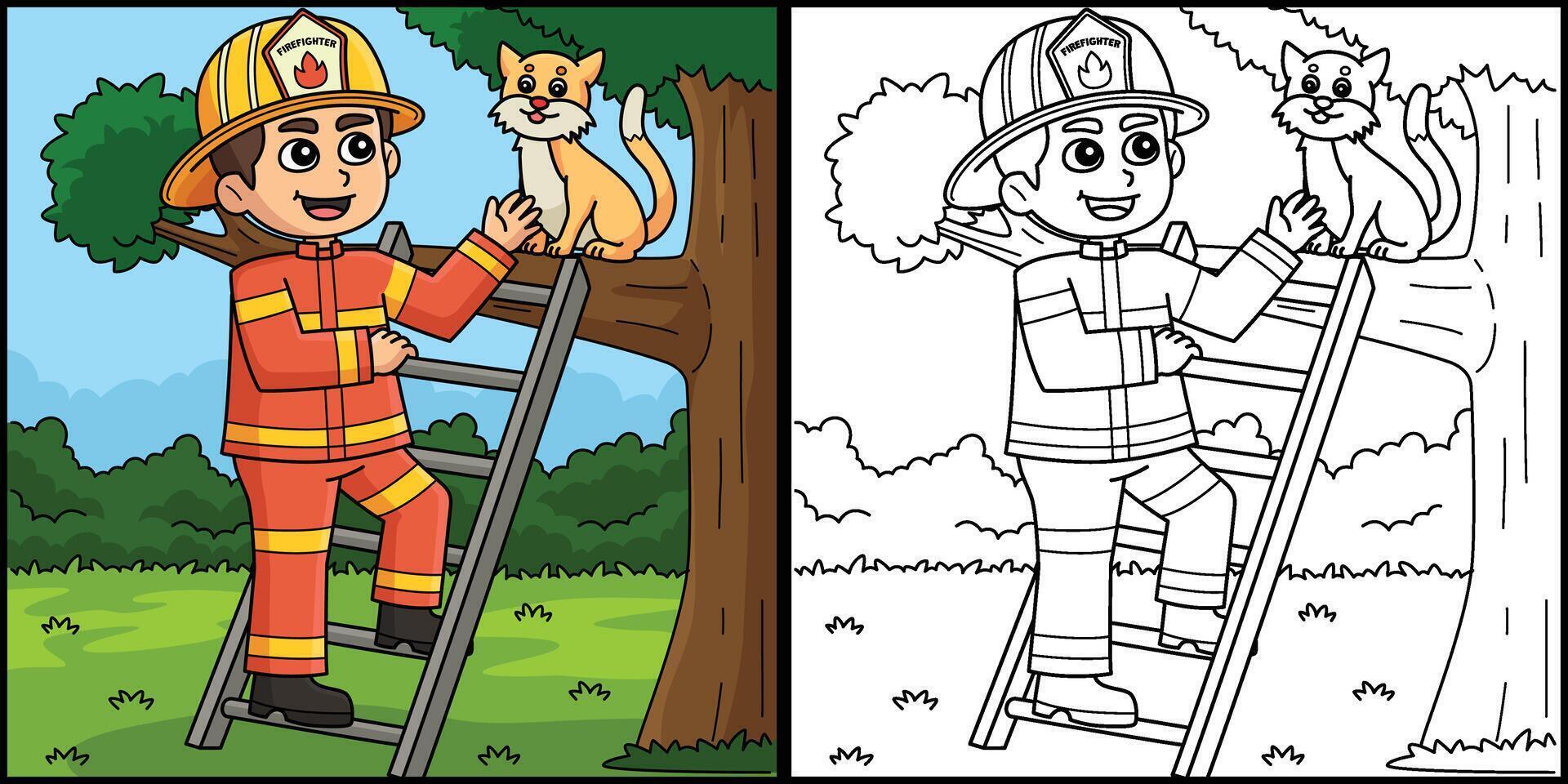 Firefighter Saving a Cat Coloring Illustration vector