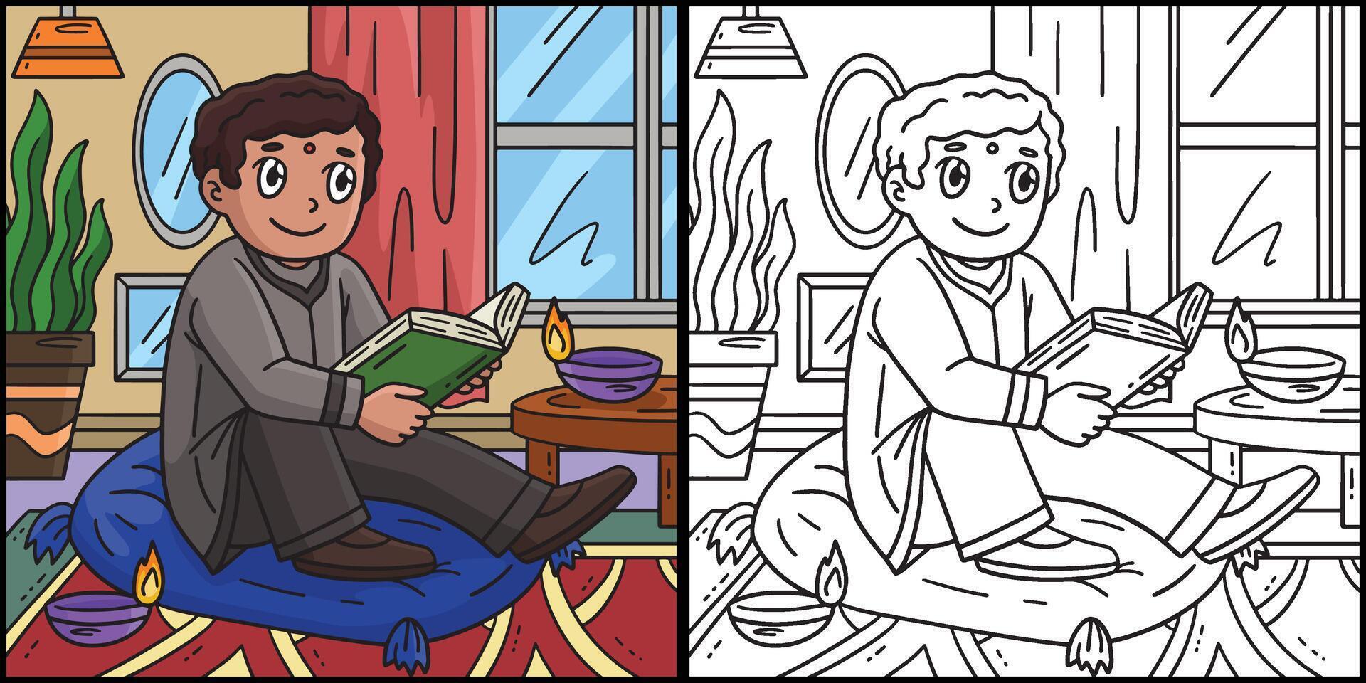 Diwali Boy Reading a Story Coloring Illustration vector