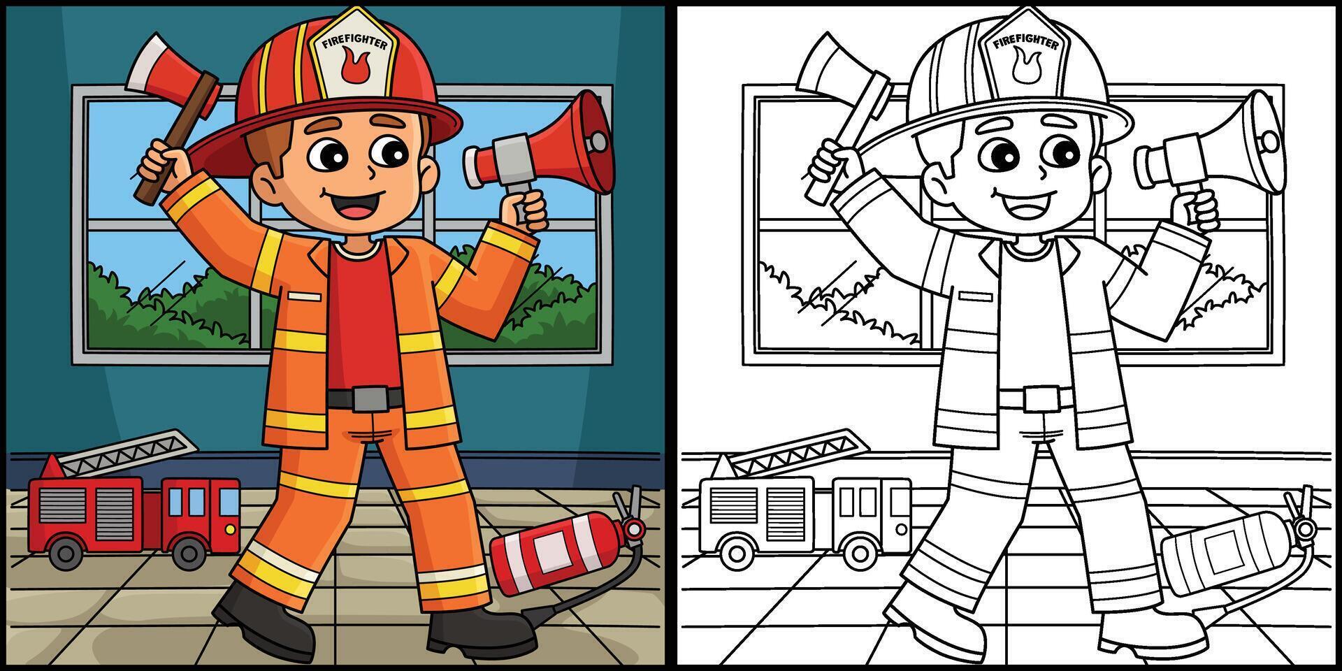 Firefighter Boy Coloring Page Colored Illustration vector