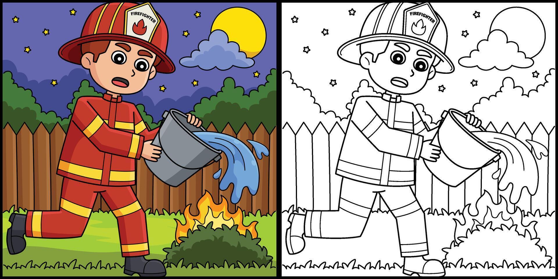 Firefighter Holding Bucket of Water Illustration vector