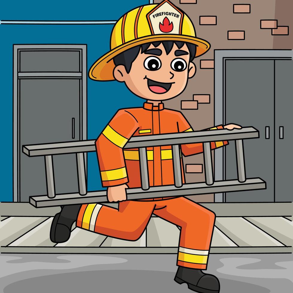 Firefighter Holding Ladder Colored Cartoon vector