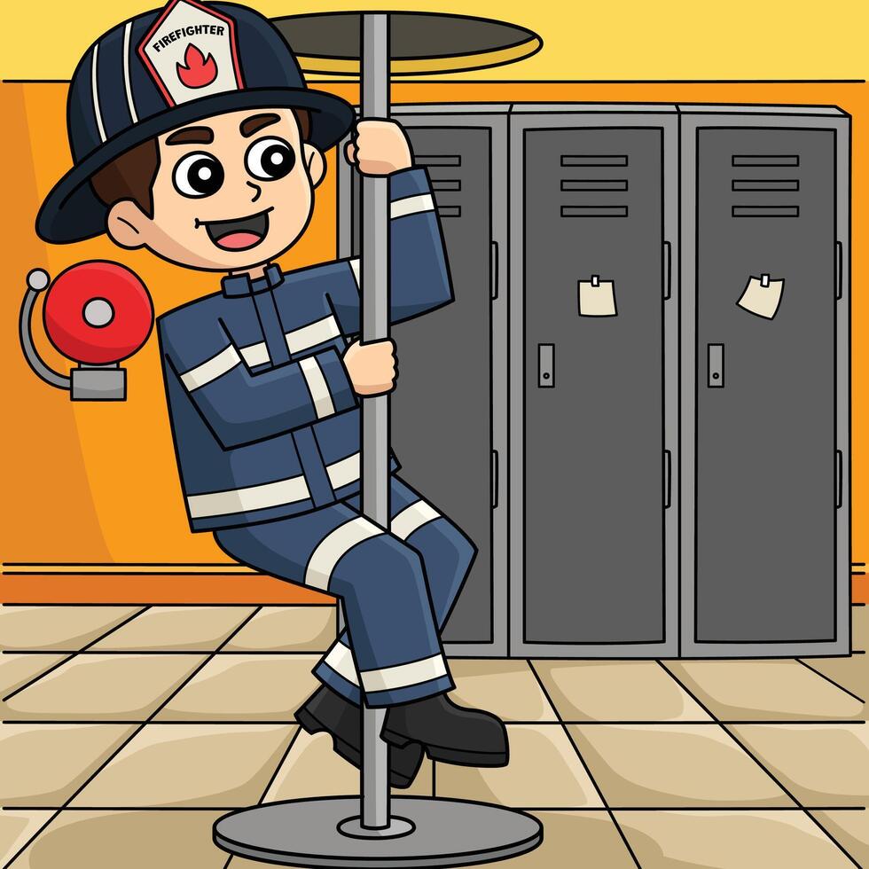 Firefighter the Sliding Down Pole Colored Cartoon vector