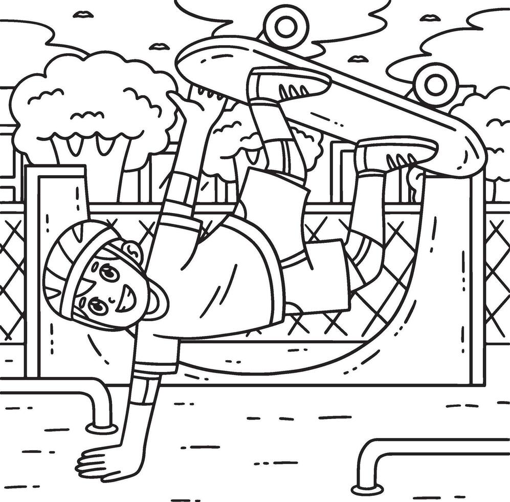 Skateboard Boy Doing a Hand Plant Coloring Page vector
