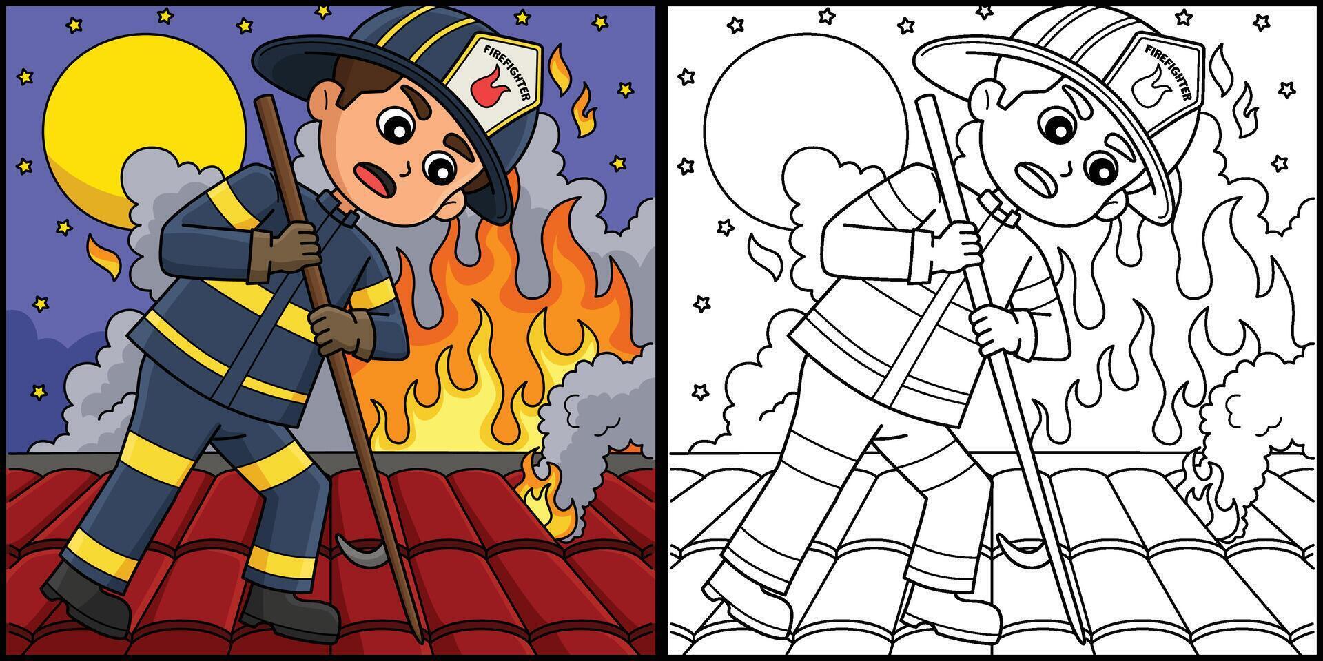 Firefighter Poking Roof Coloring Illustration vector