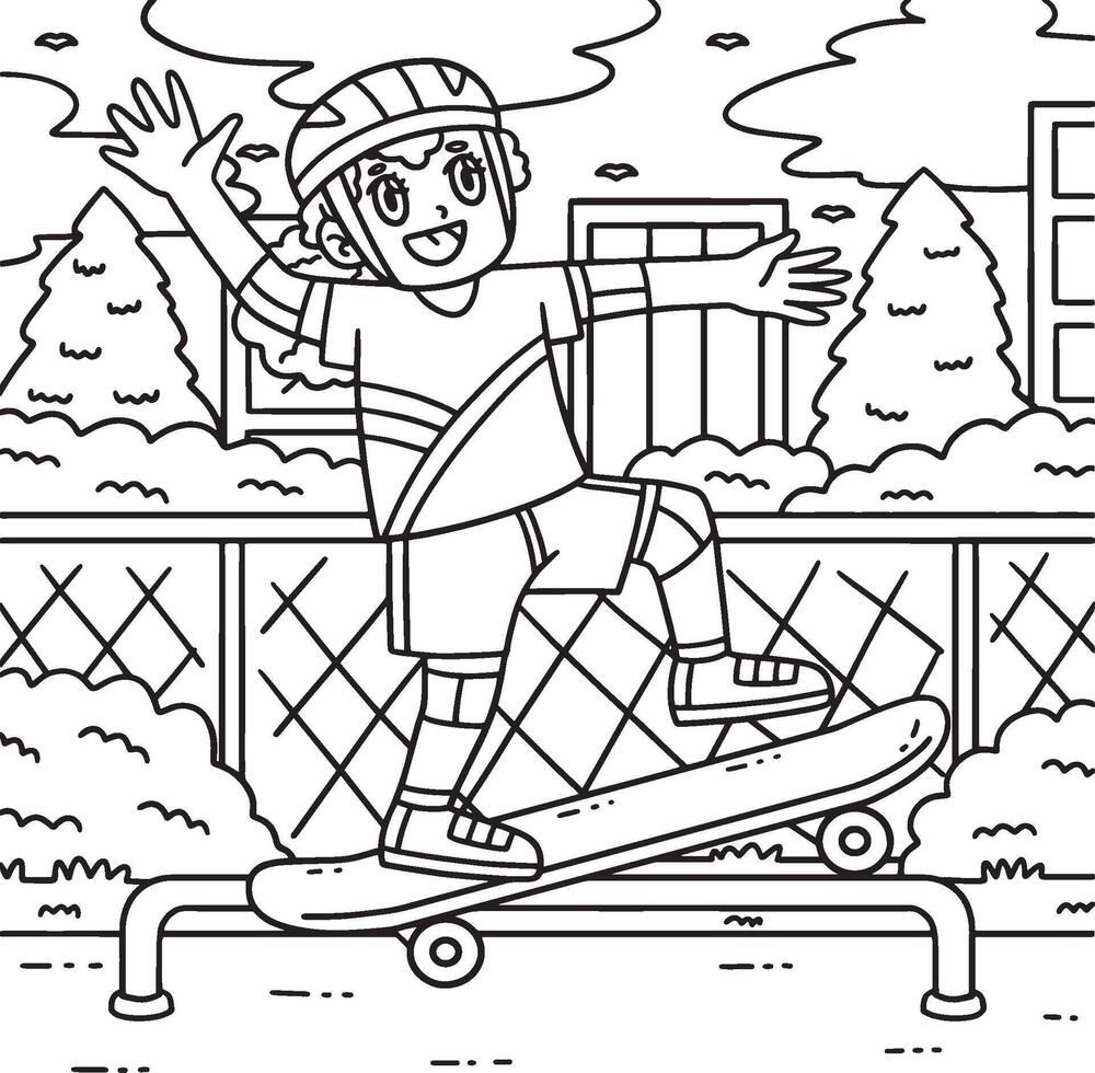 Skateboard Child Grinding on Rail Coloring Page vector