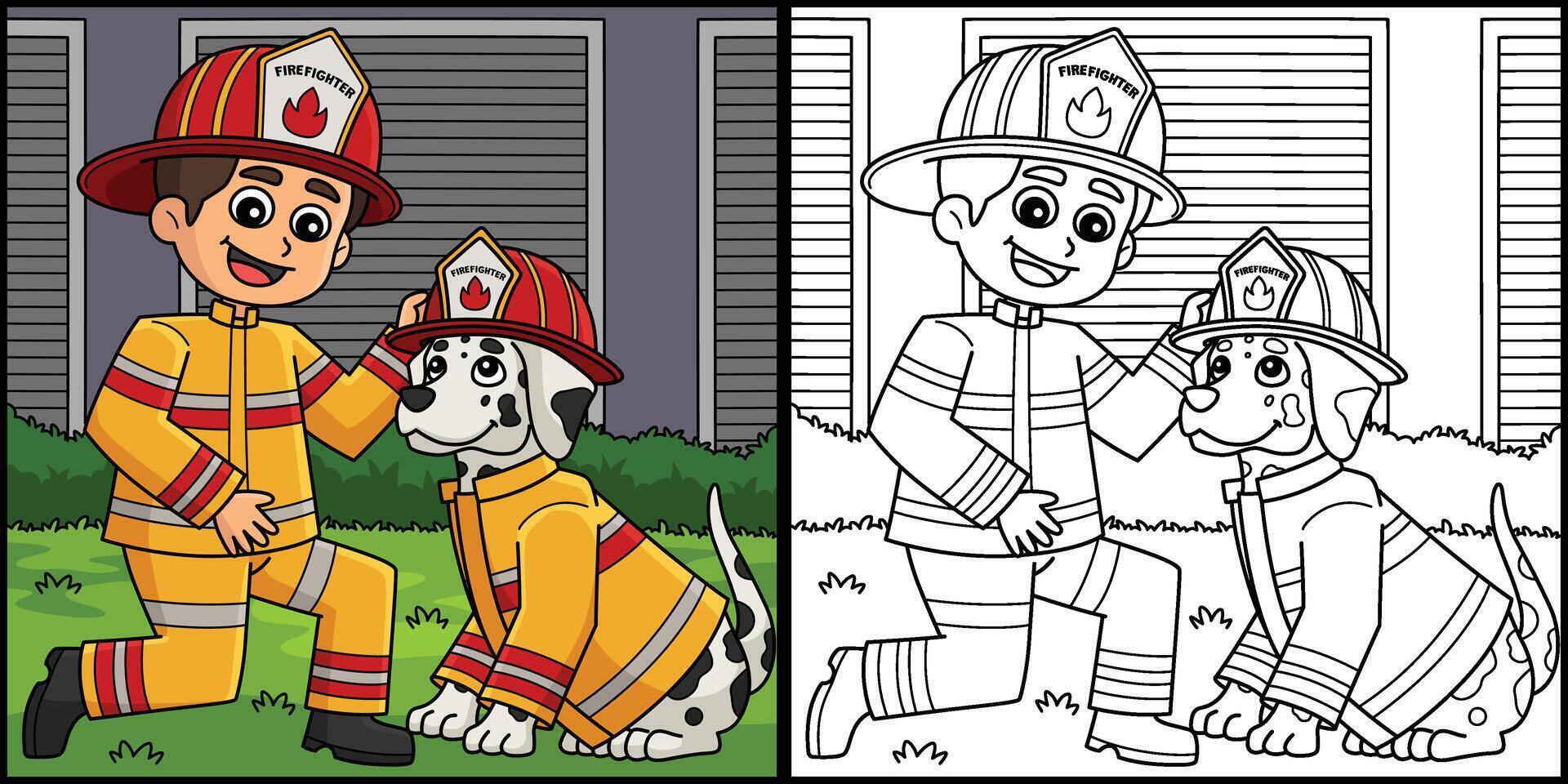 Firefighter Boy and Firefighter Dog Illustration vector