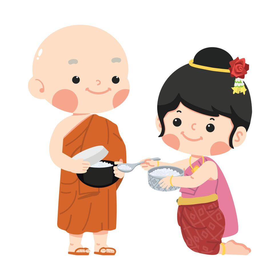 Woman giving alms make merit offer food with monk vector
