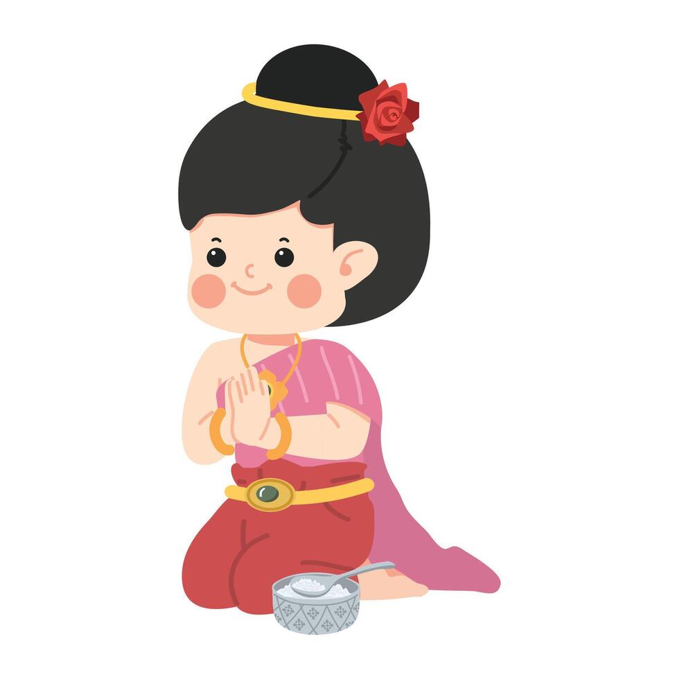 girl in a Thai traditional greeting with offering food vector