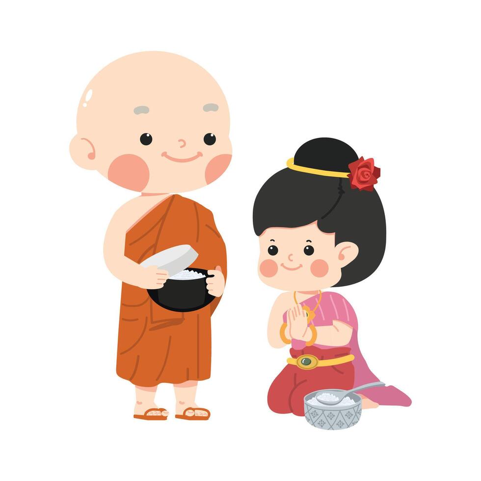 girl Buddhist to do good things make merit by offer food to the monk vector