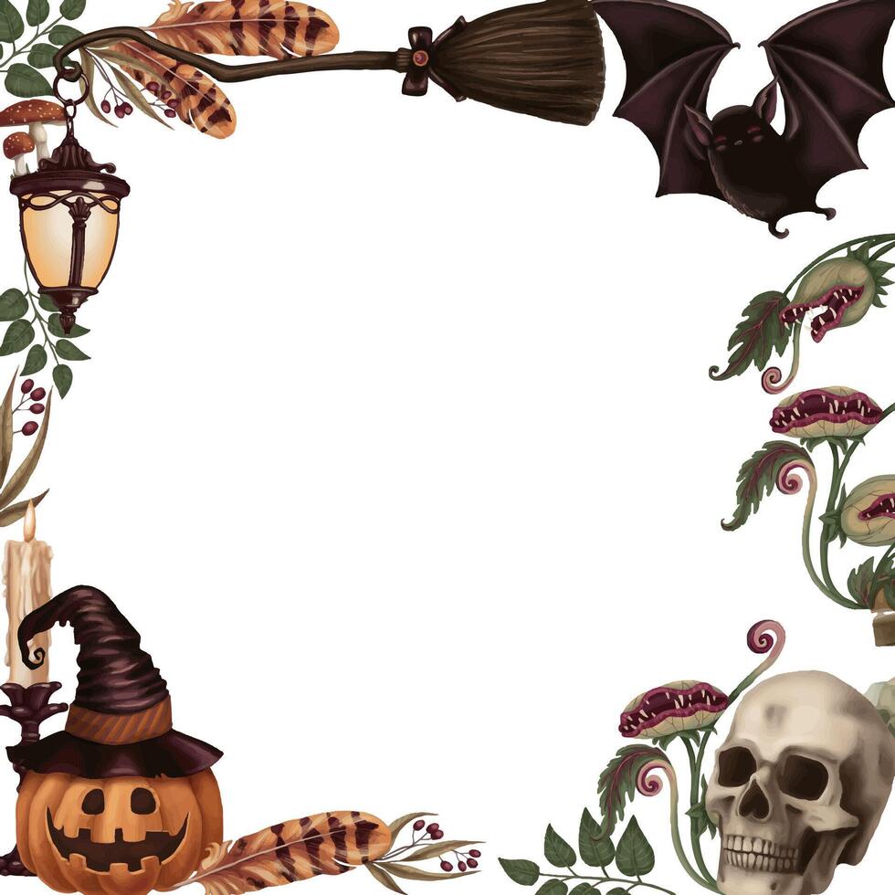 Halloween square frame with cute ghost and other scary characters in cartoon style. Hand drawn dark illustration. Isolated drawing perfect for autumn graphic and spooky season card designs. vector