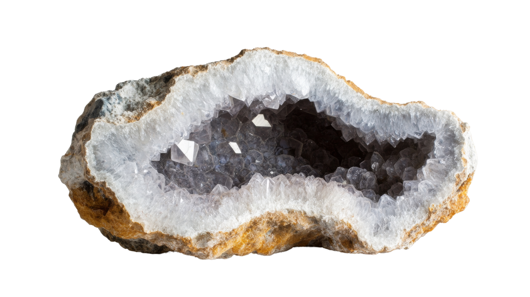 A stunning geode showcasing sparkling crystals within a rocky exterior, perfect for nature enthusiasts and mineral collectors. png
