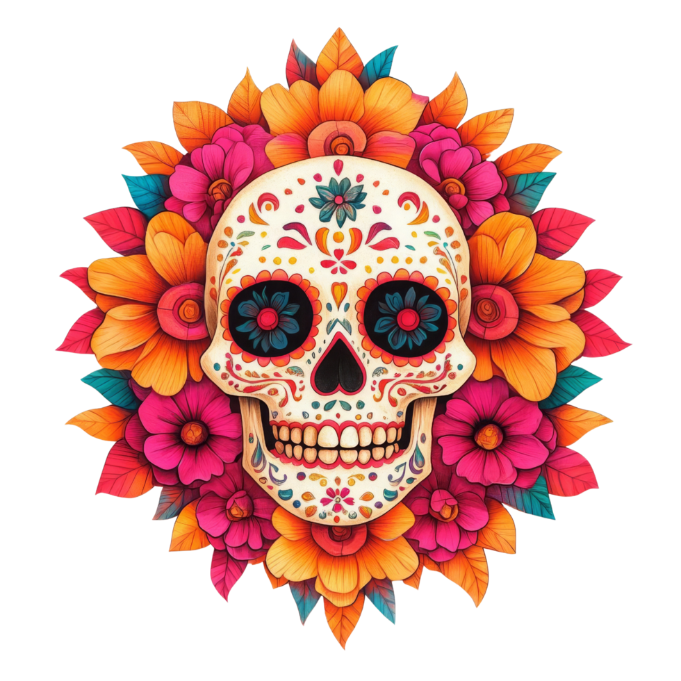 Vibrant sugar skull surrounded by colorful flowers, perfect for celebrating Day of the Dead or adding a festive touch to any design. png