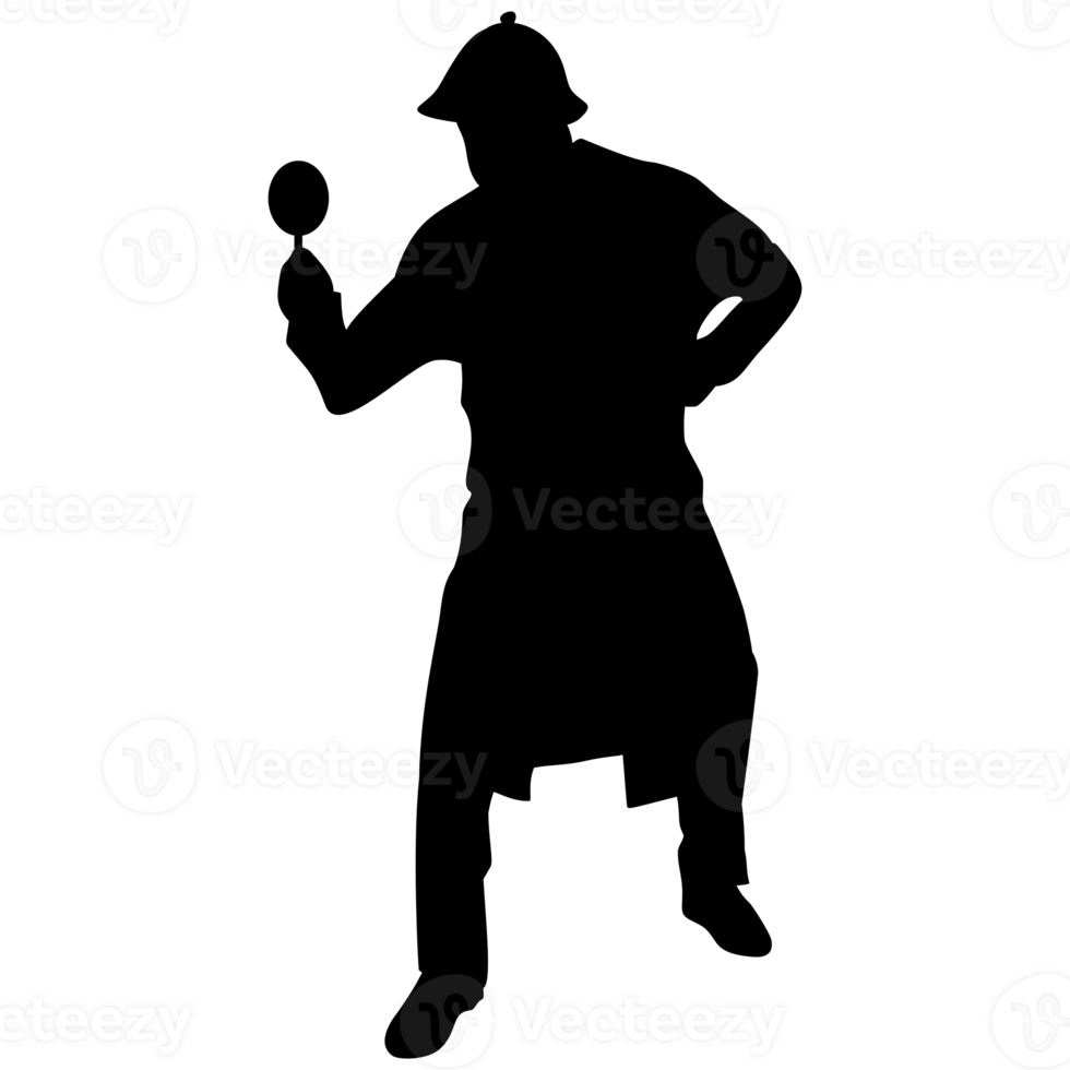 Silhouette of detective with magnifying glass in hand on transparent background. Suitable for stickers, logos, tattoos, icons png