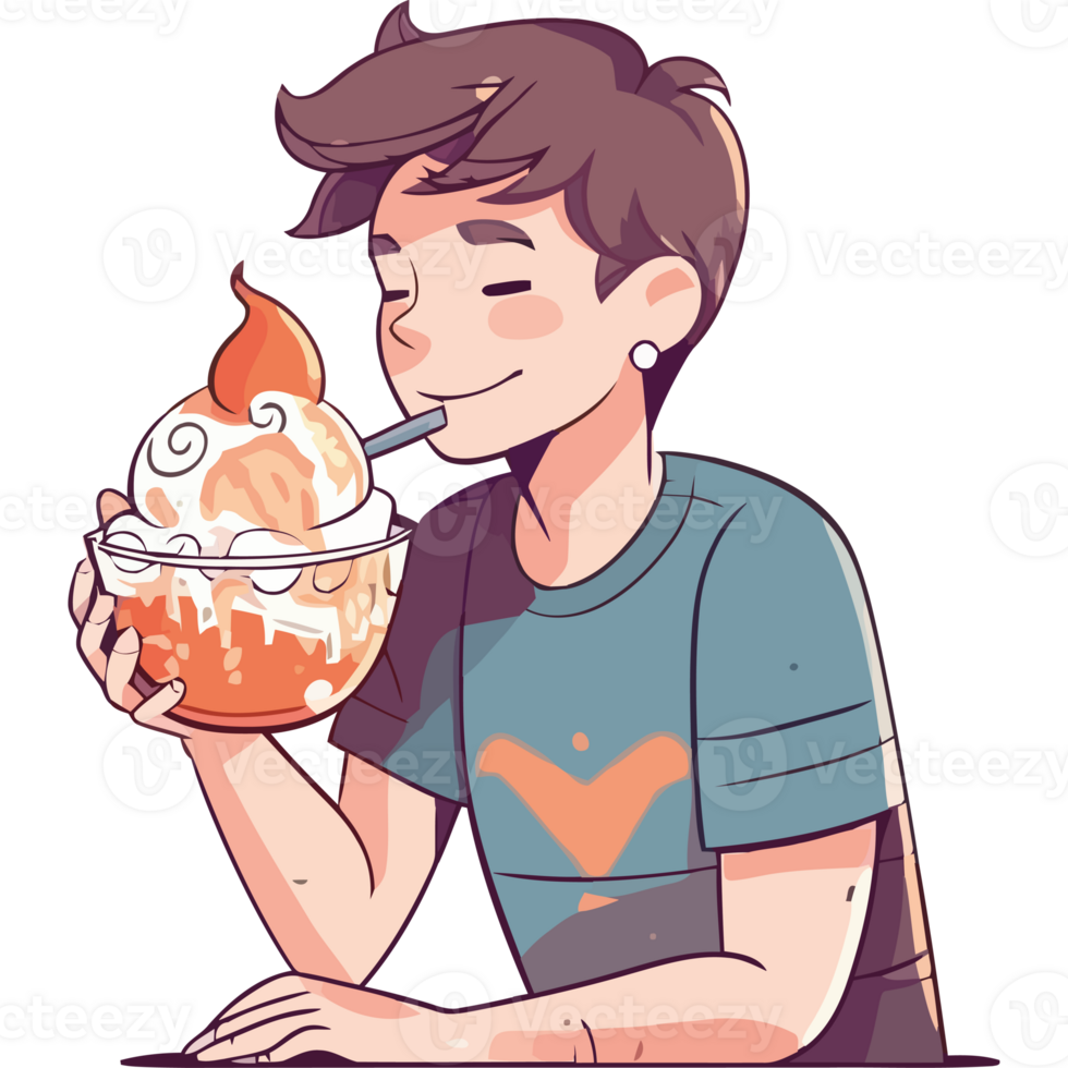 A boy with a spoon in his mouth eating an ice cream sundae png