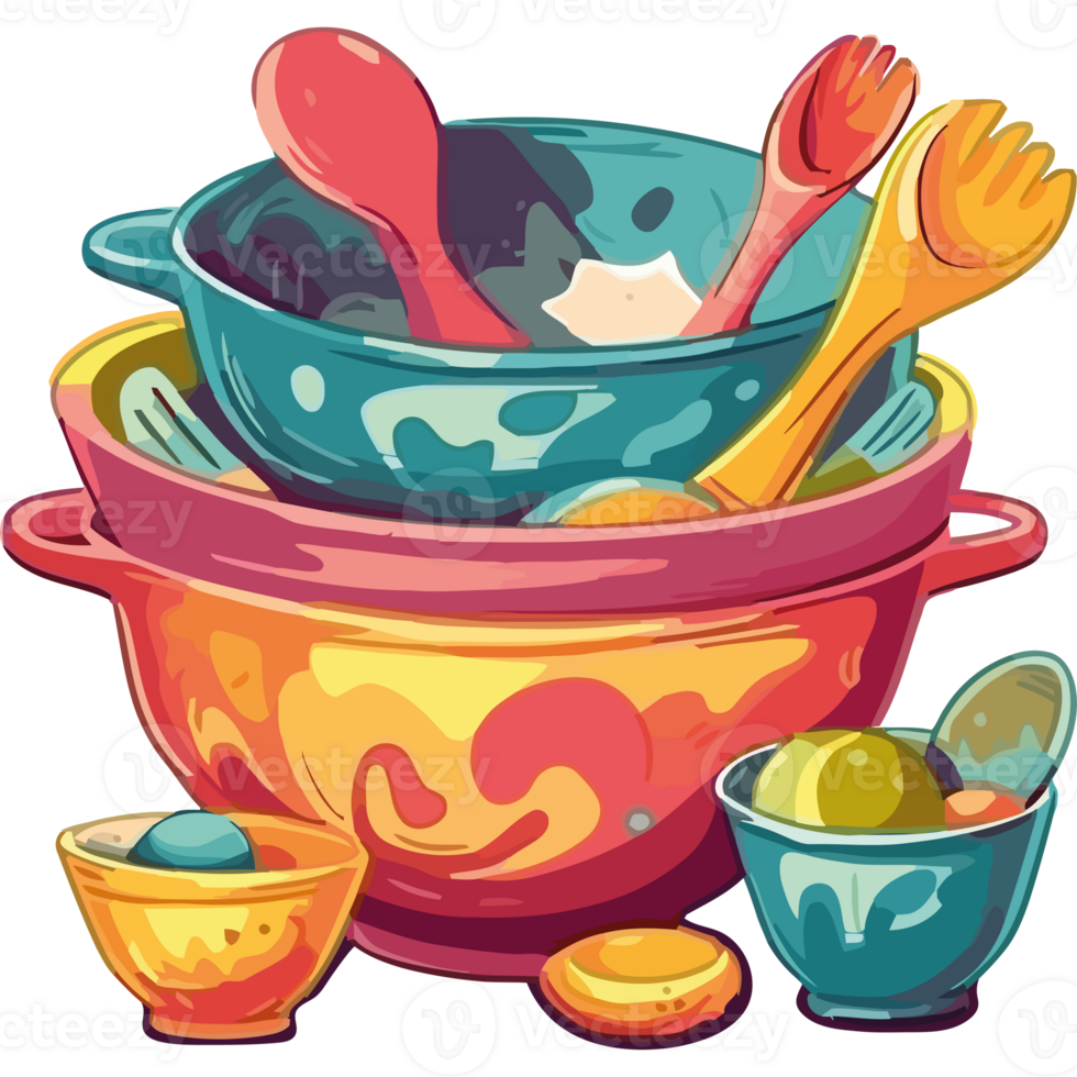 Colorful bowls and spoons with utensils png