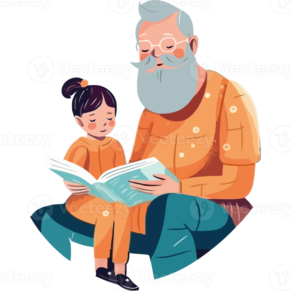 Grandfather reading to granddaughter illustration png