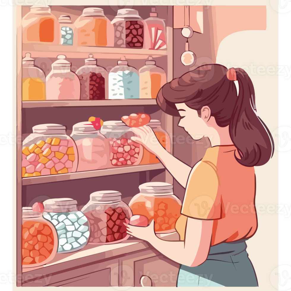 A woman is looking at a cabinet full of candy png