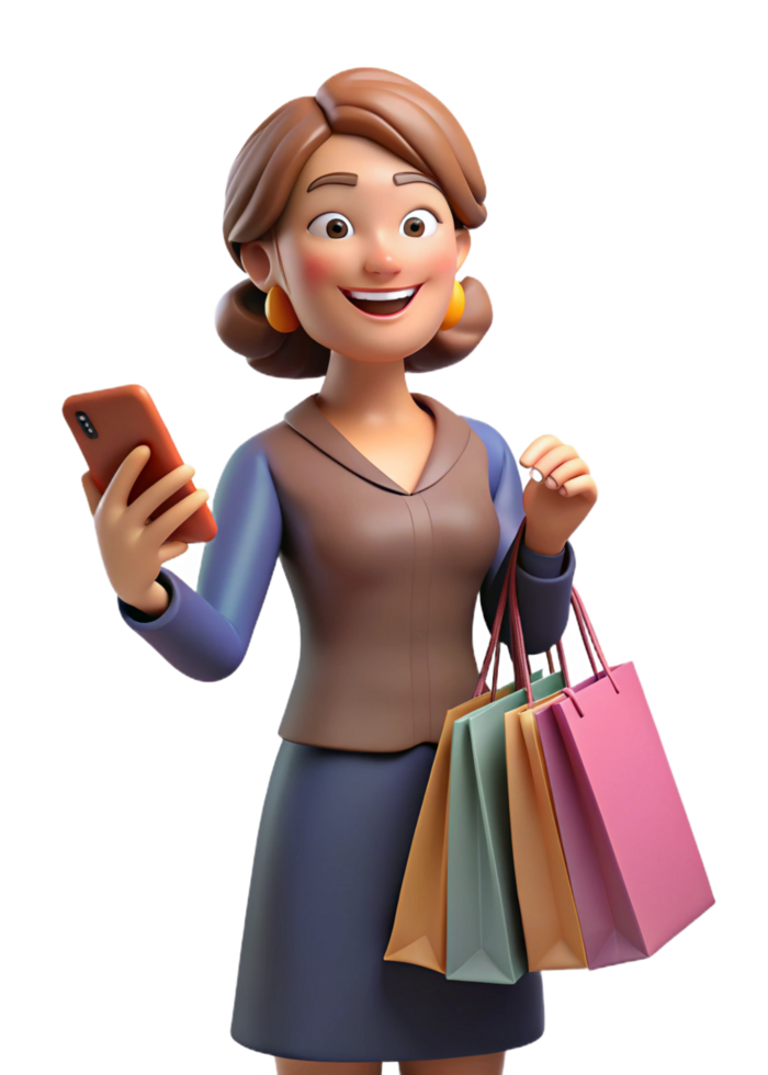 Happy Shopper with Smartphone and Shopping Bags png