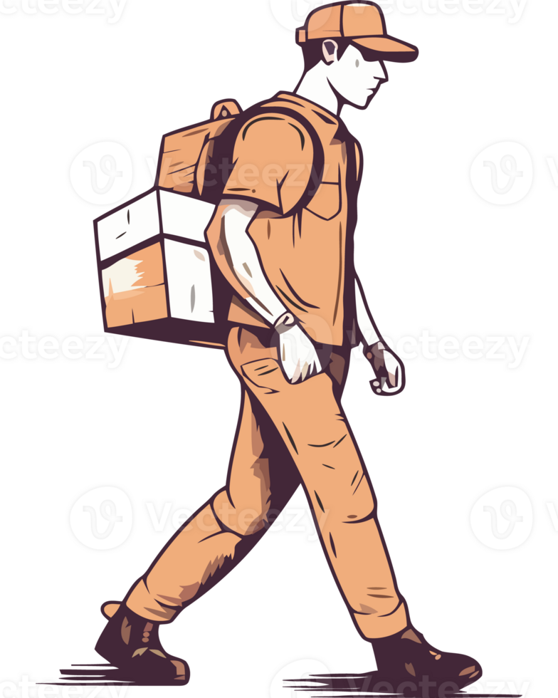 Delivery man walking with boxes on his back png